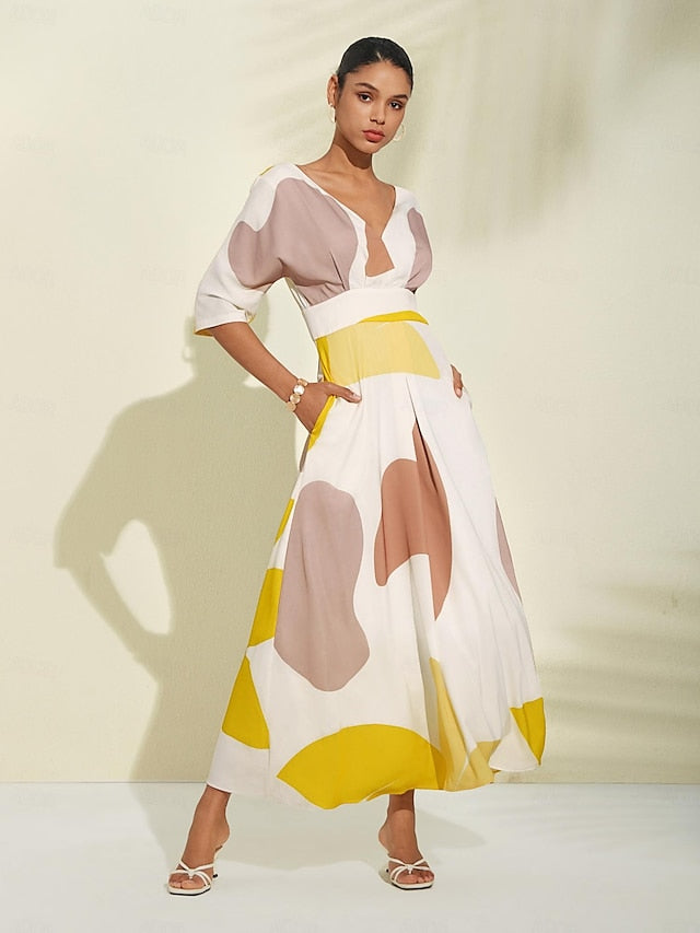 Elegant long summer dress with cut-out neckline and three-quarter sleeves