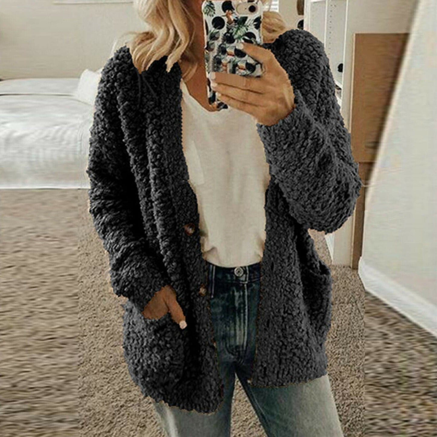 WW | Strickjacke Wolle Übergroß Fit Grobstrick Offene Vorderseite Mit Knöpfen