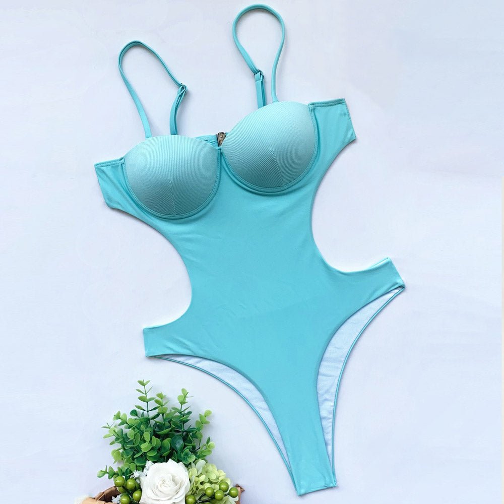WW | Sexy Rib Cutout Unterwired Bandeau Monokini Brasilian Einteiler Badeanzug