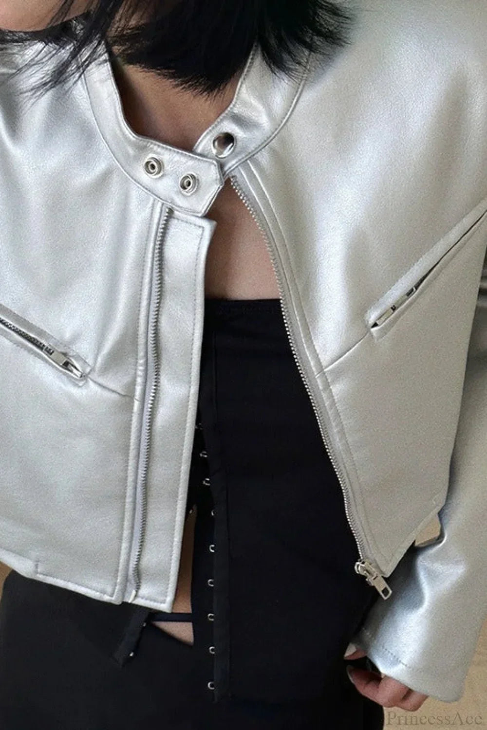 WW | Funnel Neck Snap Leder Kurzjacke