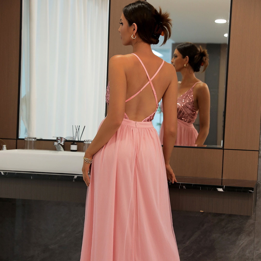 WW | Glitter Sequin Panel Mesh Deep V Backless Evening Maxi Dress