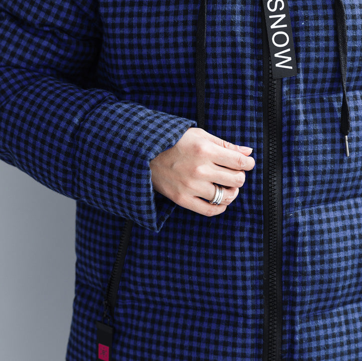 WW | Blue Plaid Winter Parkas Plus Size Hooded Snow Jackets Elegant Thick Winter Coats