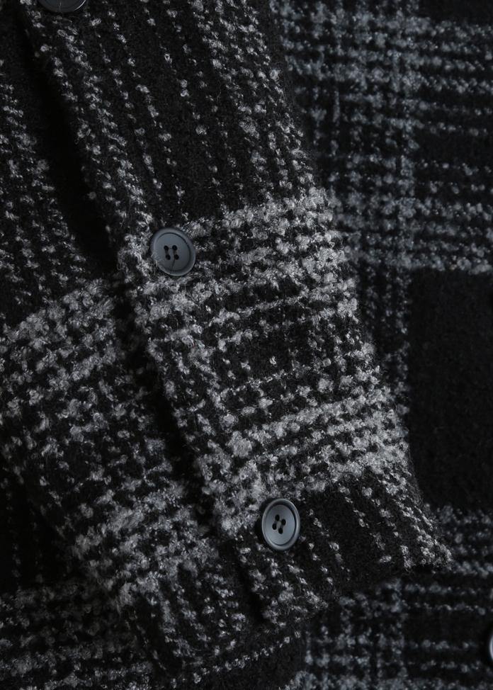WW | Plus-Size-Bekleidung Wintermantel Überbekleidung schwarzes Karomuster mit Kapuze Patchwork Wollmäntel