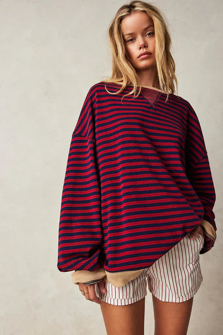 Helen Striped Oversized Sweater with Coastal Charm - Black / Red
