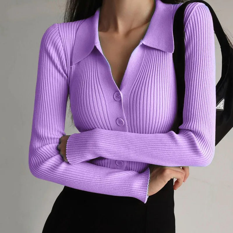 WW | Women's Elegant Knitted Stretch Polo Sweater