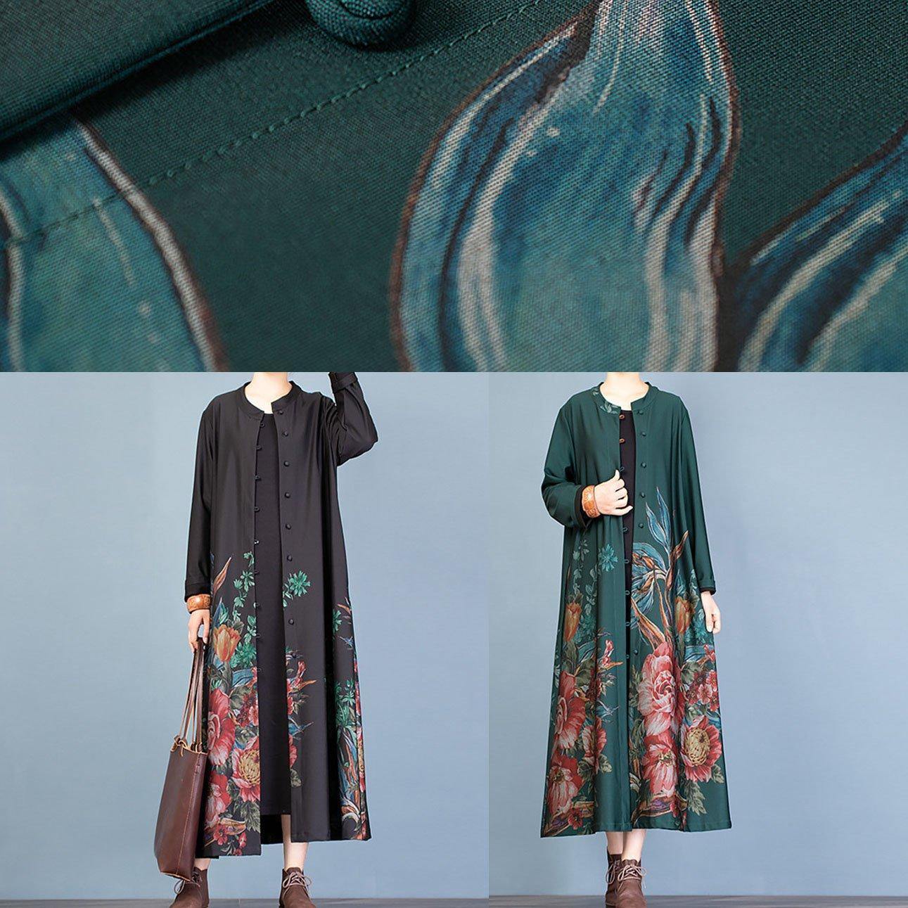 WW | grüne Drucke Mantel Damen Oversize langer Mantel Trenchcoats Rundhals