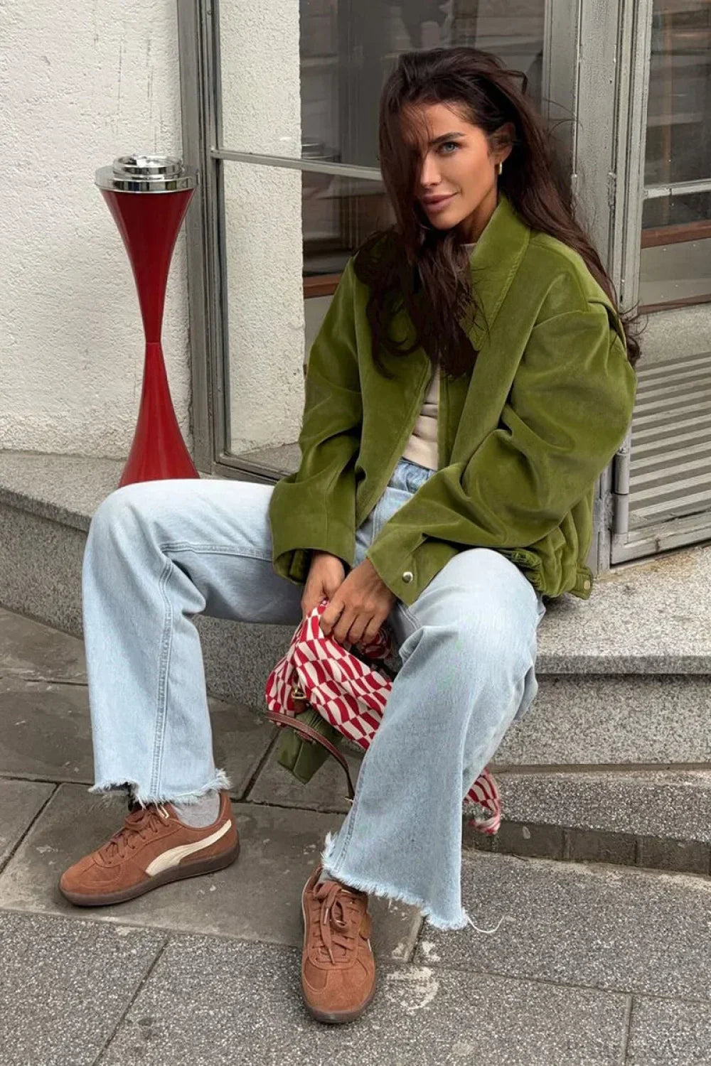 WW | Green Velvet Loose Baseball Lapel Jacket