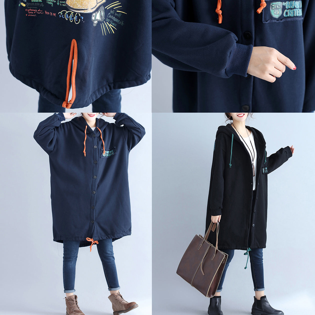 WW | Casual Cotton Cardigans Oversized Navy Fashion Hooded Coats Back Cartoon Prints