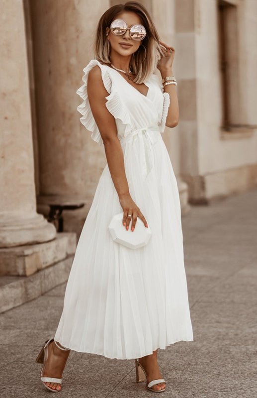 WW | Damen Strand Sexy Lotusblatt Ärmel Chiffon Plissee Rock Einfarbig Kleid