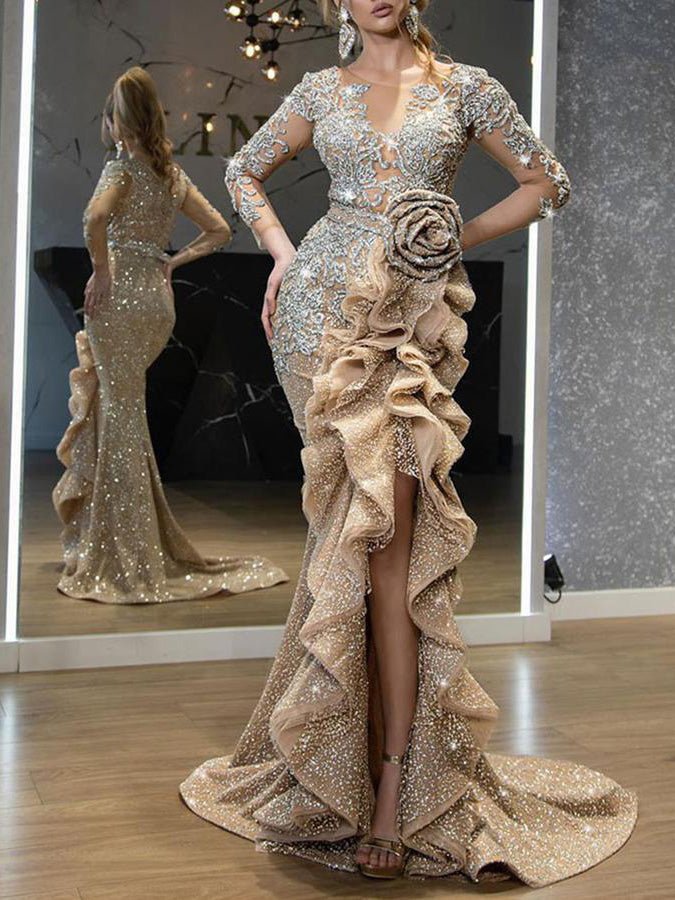 WW | Damenkleider Glänzend Unregelmäßiger Volant Abendkleid