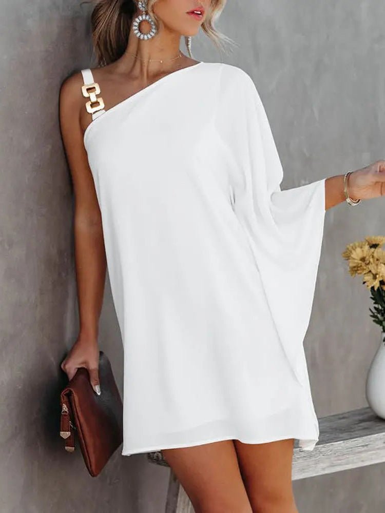 WW | Damenkleider Solid Metallträger Off-Shoulder Puppenärmel Kleid