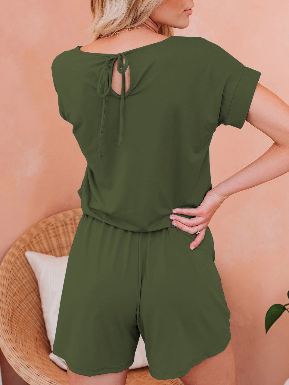 WW | Women's Jumpsuits Solid Short Sleeve Lace-Up Casual Jumpsuit