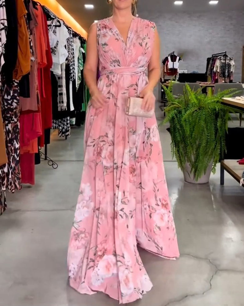 WW | Elegant Sleeveless V-Neck Floral Print Dress