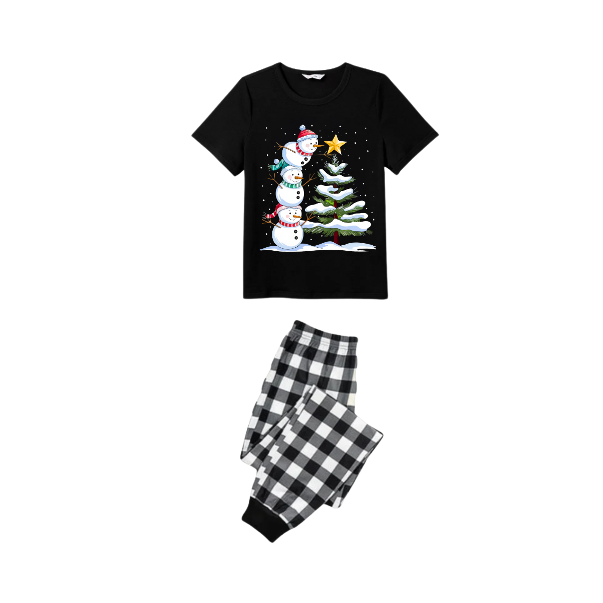 WW | Pair Black and White Plaid Snowman and Christmas Tree Print Short-Sleeve Christmas Pajama Set