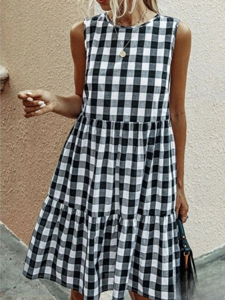 WW | Mode, Locker Geschnittenes Damenkleid mit Rundhalsausschnitt, Kariert Pastelmittelrock