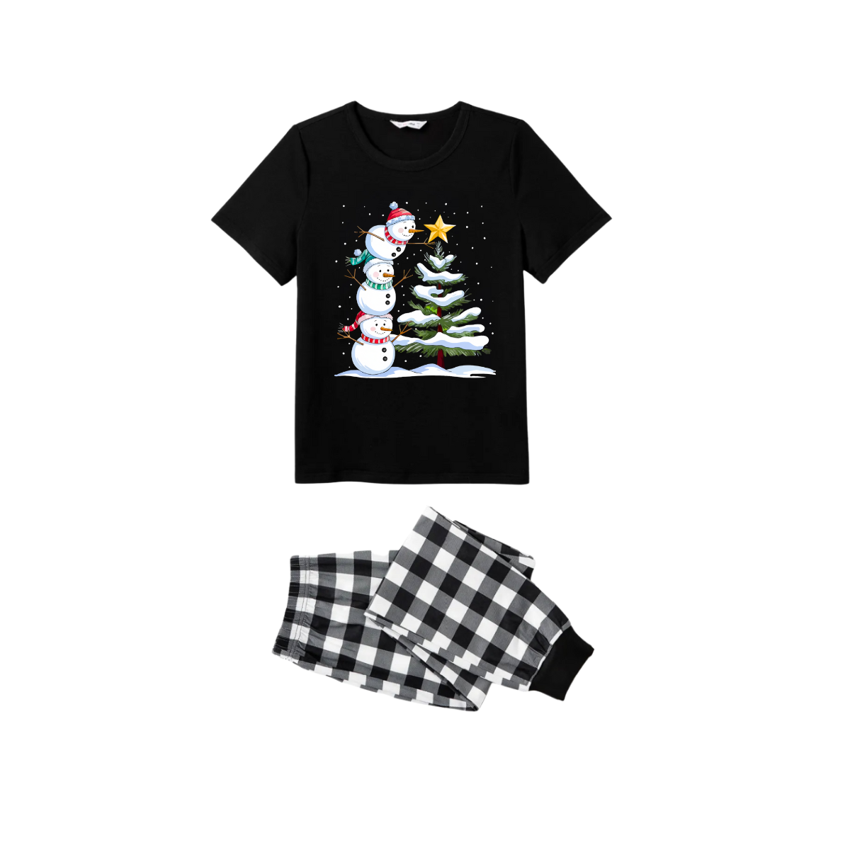 WW | Pair Black and White Plaid Snowman and Christmas Tree Print Short-Sleeve Christmas Pajama Set