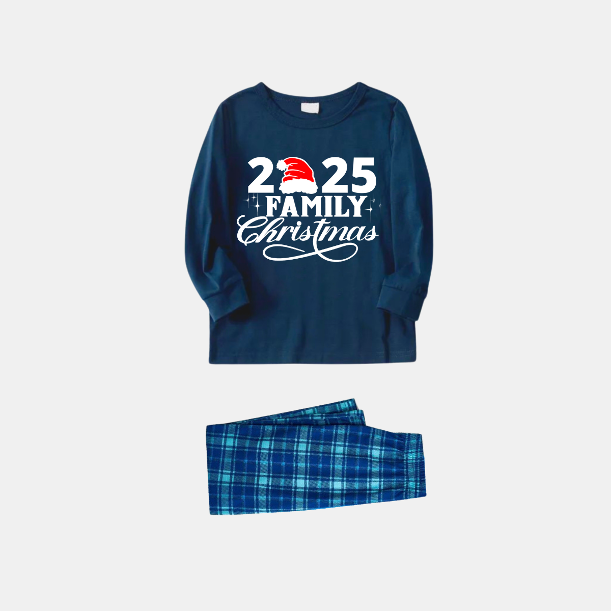 WW | "2025 Family Christmas" Text Print Blue Plaid Christmas Matching Pajamas