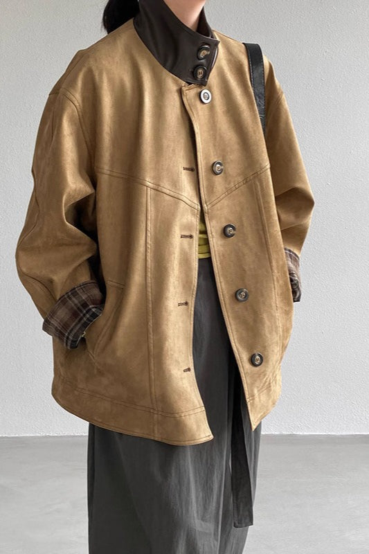 WW | Stehkragen Karierter Lederjacke