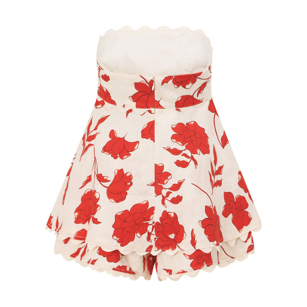 Rosella - Two-Piece Floral Print Ruffled Top and Elastic Waist Wavy Hem Shorts Set