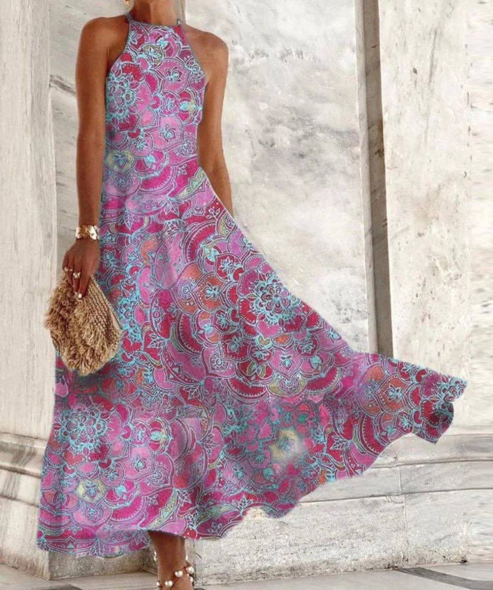 Miriam – Sleeveless Women's Dress with Halter Neck and Vintage Pattern