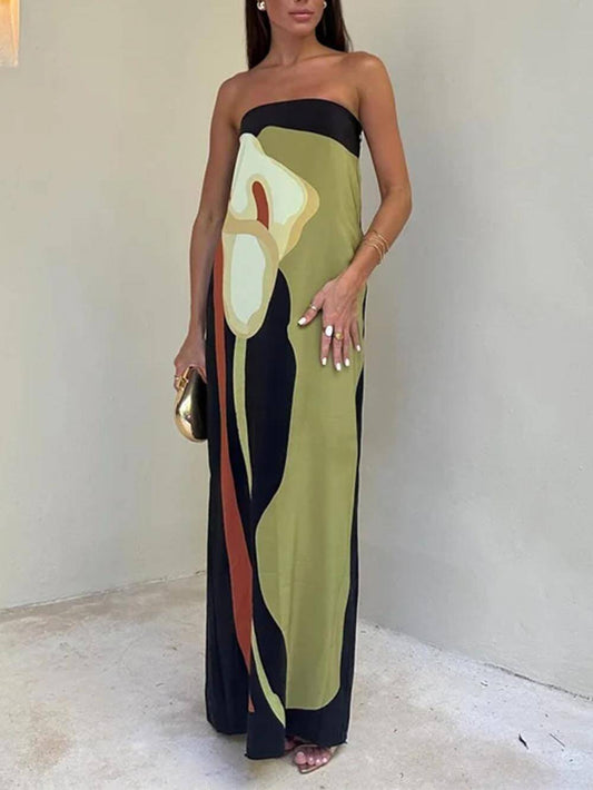 Off-Shoulder Fashionable Contrast Printed Sleeveless Maxi Dress