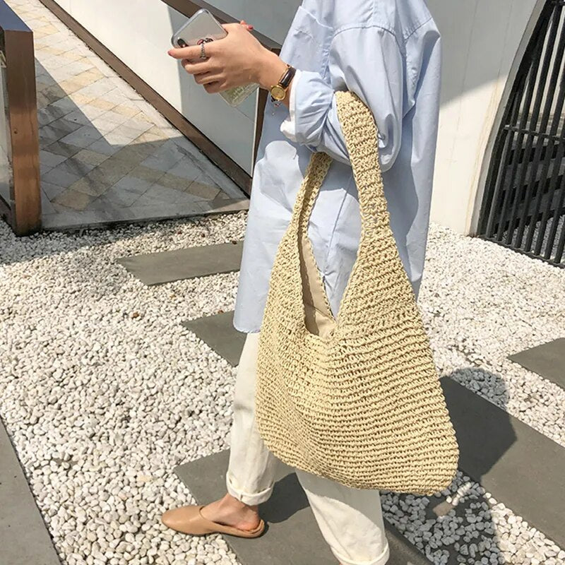 WW | Round Straw Shoulder Bag For Summer With Hand Weave