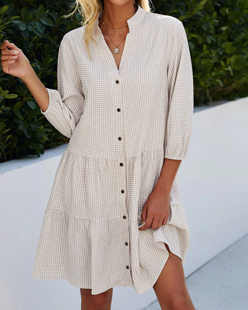WW - kariertes A-Linien-Kleid mit Knopfleiste für Damen | ähnelt einem Hemdblusenkleid