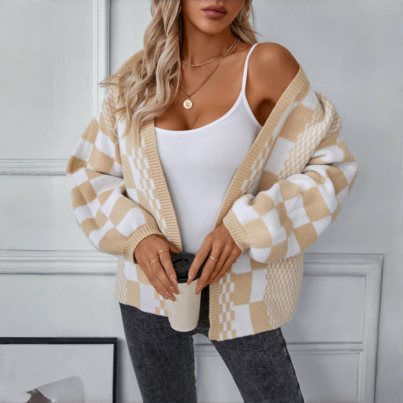 WW | Kariert Gestrickte Strickjacke für Damen