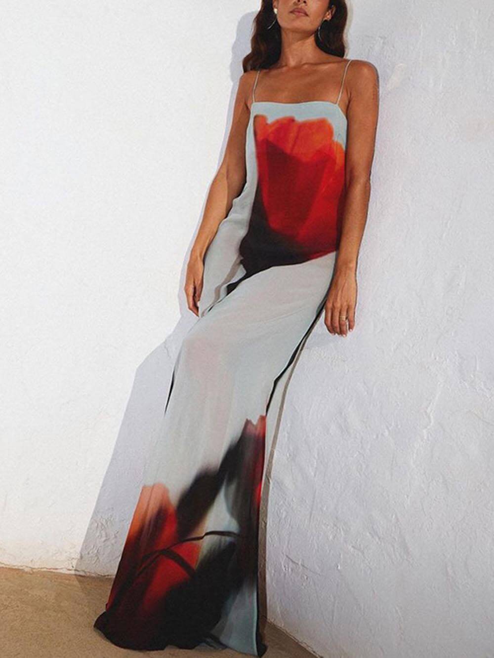 H-line maxi dress with abstract tulip print for vacation