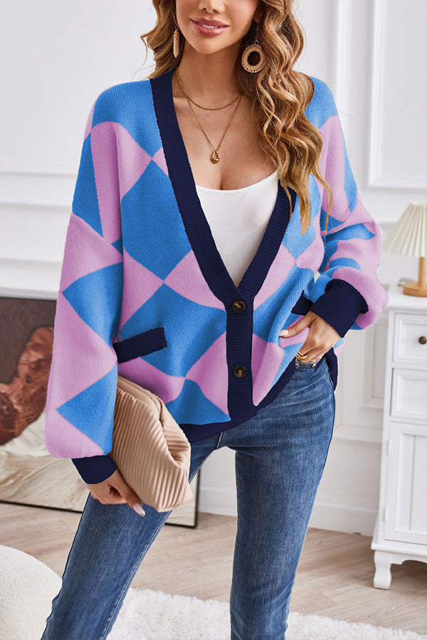 WW | Hals geometrisches Patchwork kontrastierender Strickcardigan lässige lockere Jacke