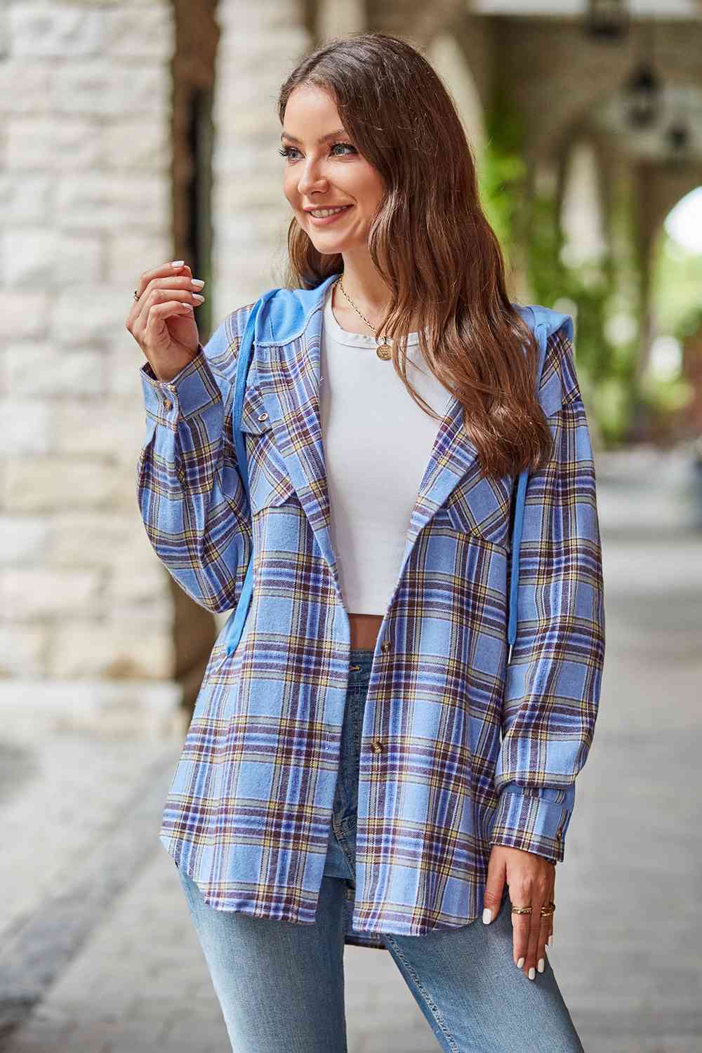 WW | Plaid Long-Sleeved Hooded Jacket