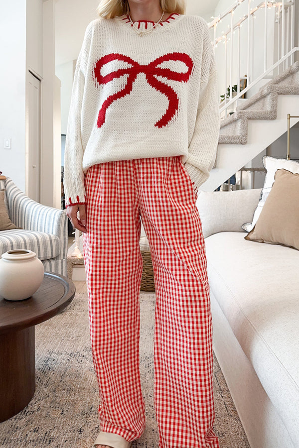 WW | Christmas Bow Contrast Color Inset Edge Long Sleeve Knitted Sweater