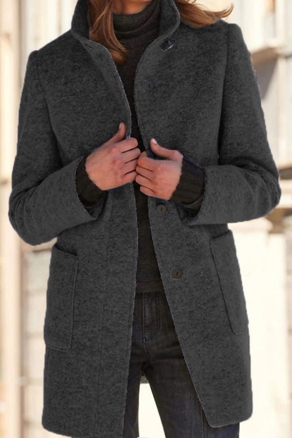 WW | Solid Color Button Stand-Up Collar Wool Jacket