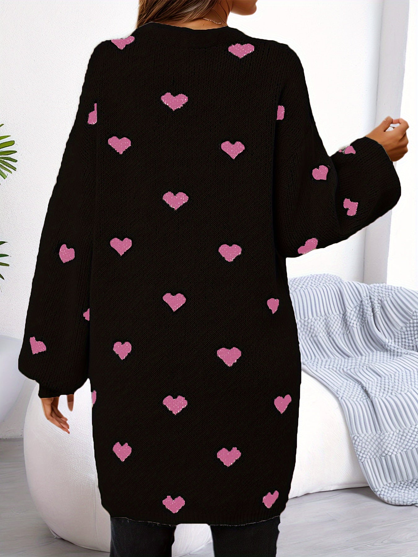 WW | Heart Pattern Long Length Wool Cardigan For Women - Ideal for Winter