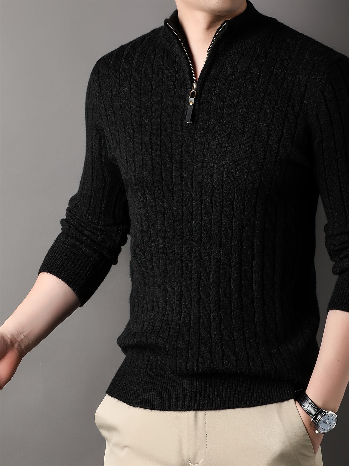 WW | Men's Casual Cable Knit Zip Sweater