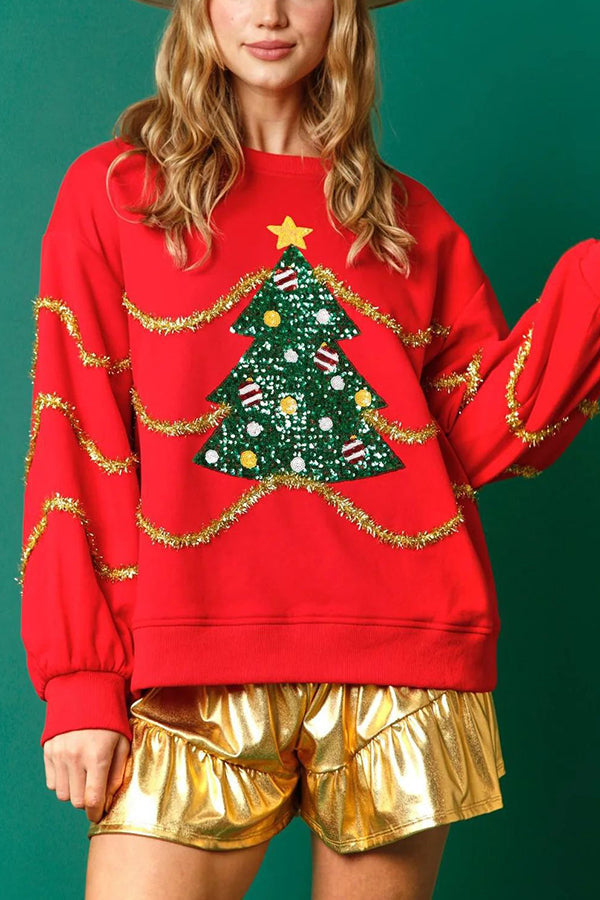 WW | Weihnachtsbaum Pailletten Langarm Lockeres Sweatshirt