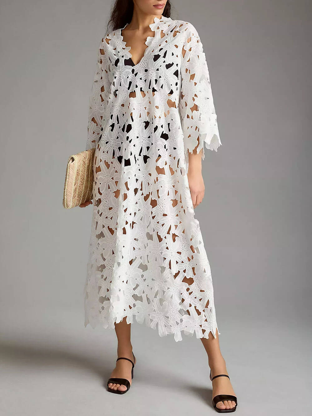 Raquel – Midi-Kleid mit langen Ärmeln und floraler Lochstickerei