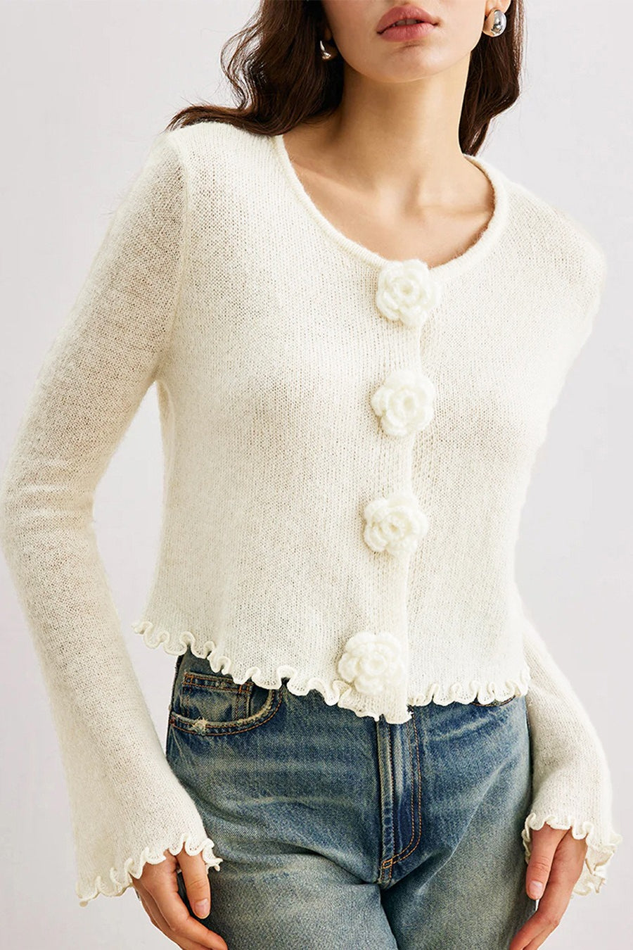 WW | Slim, floral knitted cardigan with ruffles