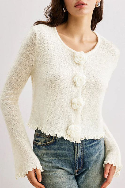 WW | Slim, floral knit cardigan with ruffles