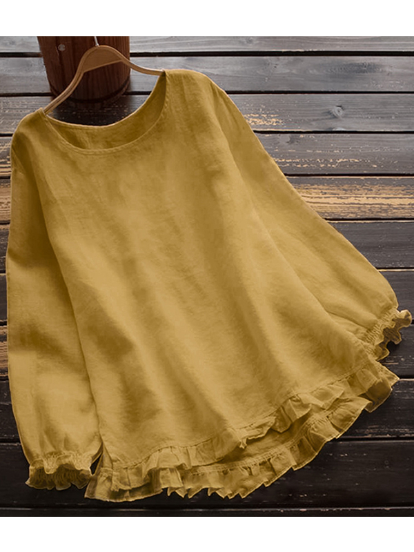 WW | Crew Neck Solid Color Long Sleeve Ruffle Linen Tops