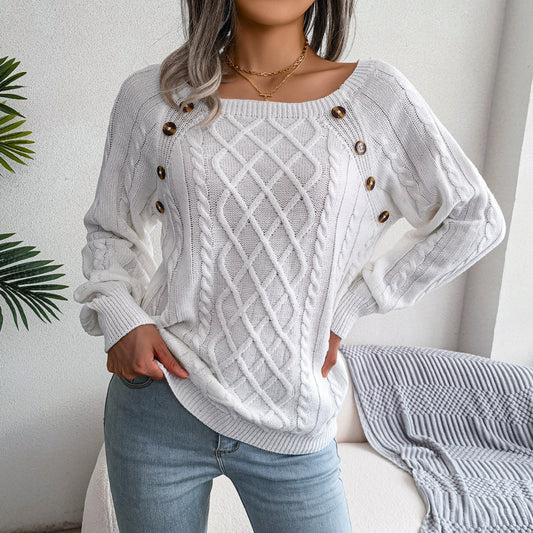 WW | Süßer Pullover mit Quadrat-Ausschnitt und gedrehten Knöpfen