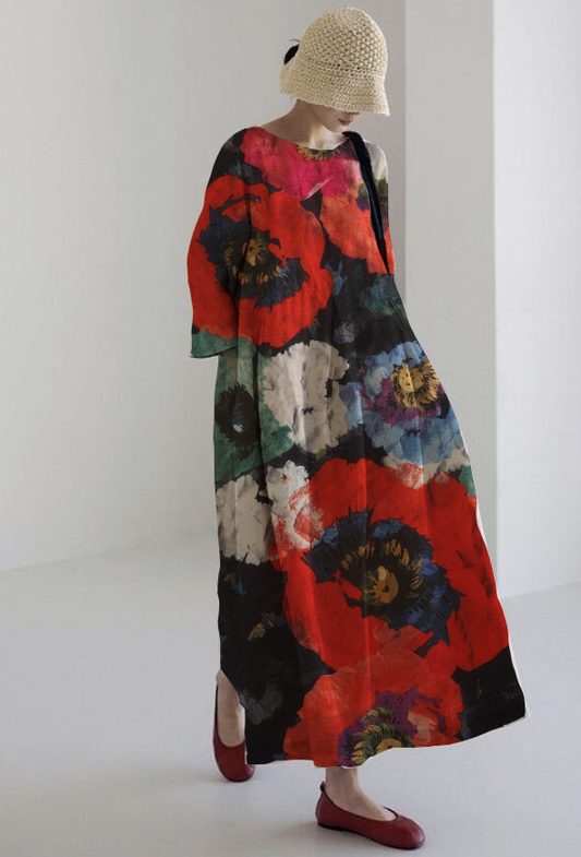 ROSALIA | Artistic midi dress with maximum comfort and intense floral pattern for an expressive look