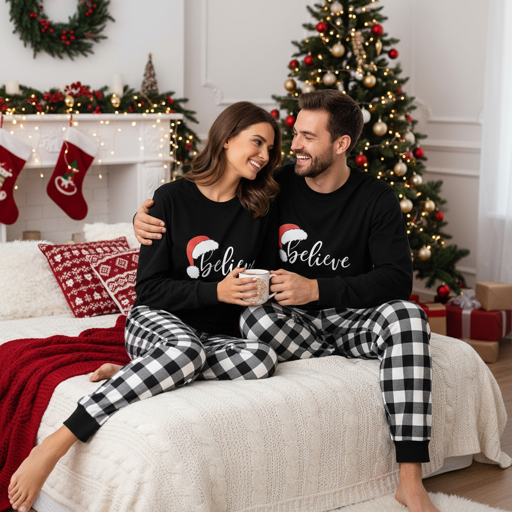 WW | Santa Hat and 'Believe' Letter Print Pattern Couple Black & White Plaid Pajama Set