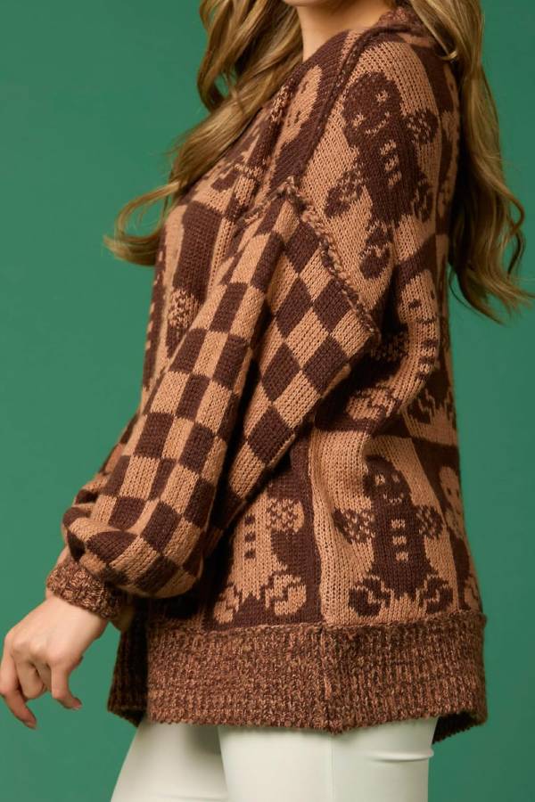 WW | Christmas Gingerbread Man Crew Neck Long Sleeve Loose Knit Sweater