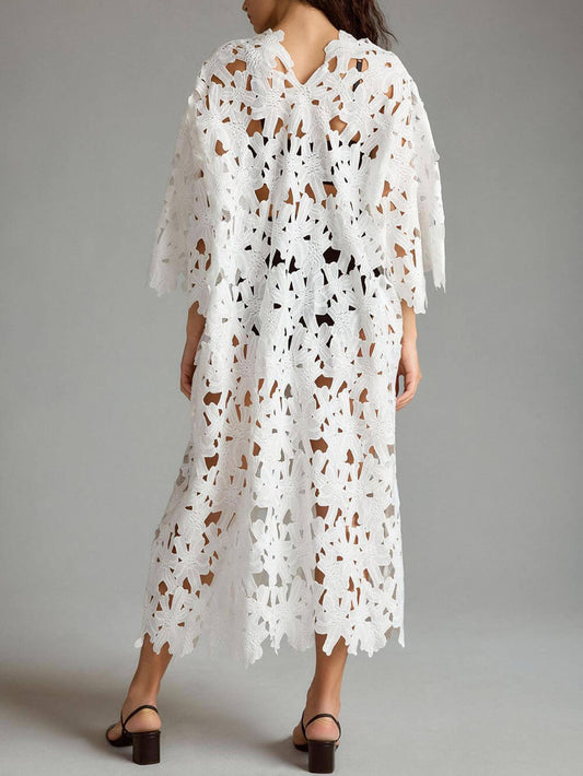 Raquel - Long-Sleeved Midi Dress with Floral Eyelet Embroidery