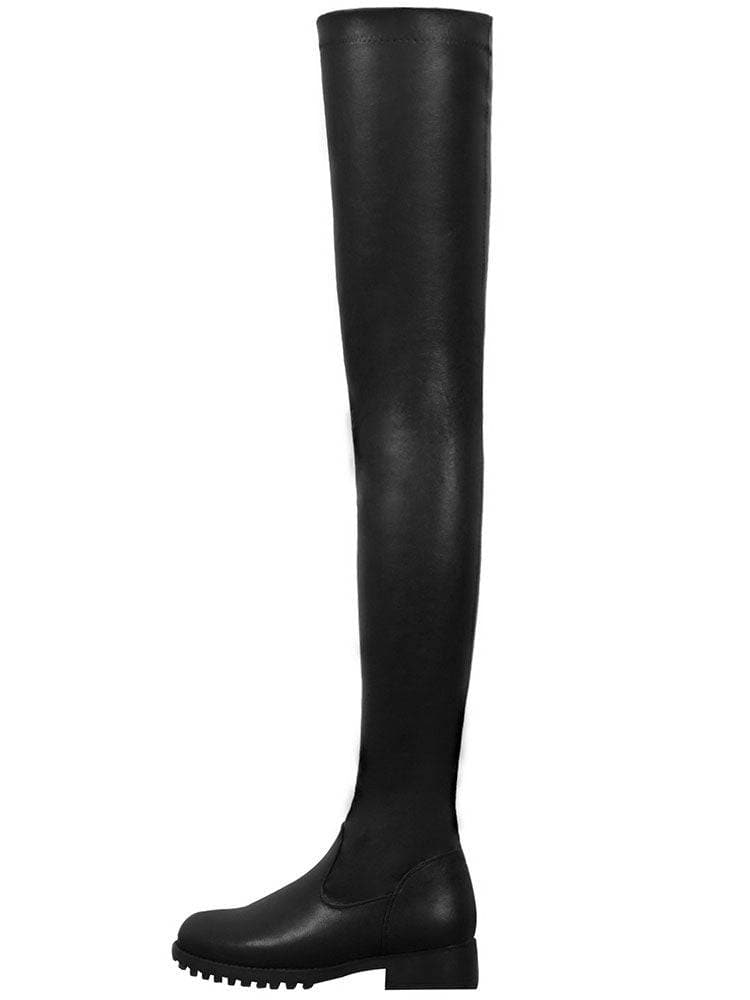 WW | Overknee Stiefel Leder Niedriger Blockabsatz Texturierte Sohle Reißverschlussverschluss