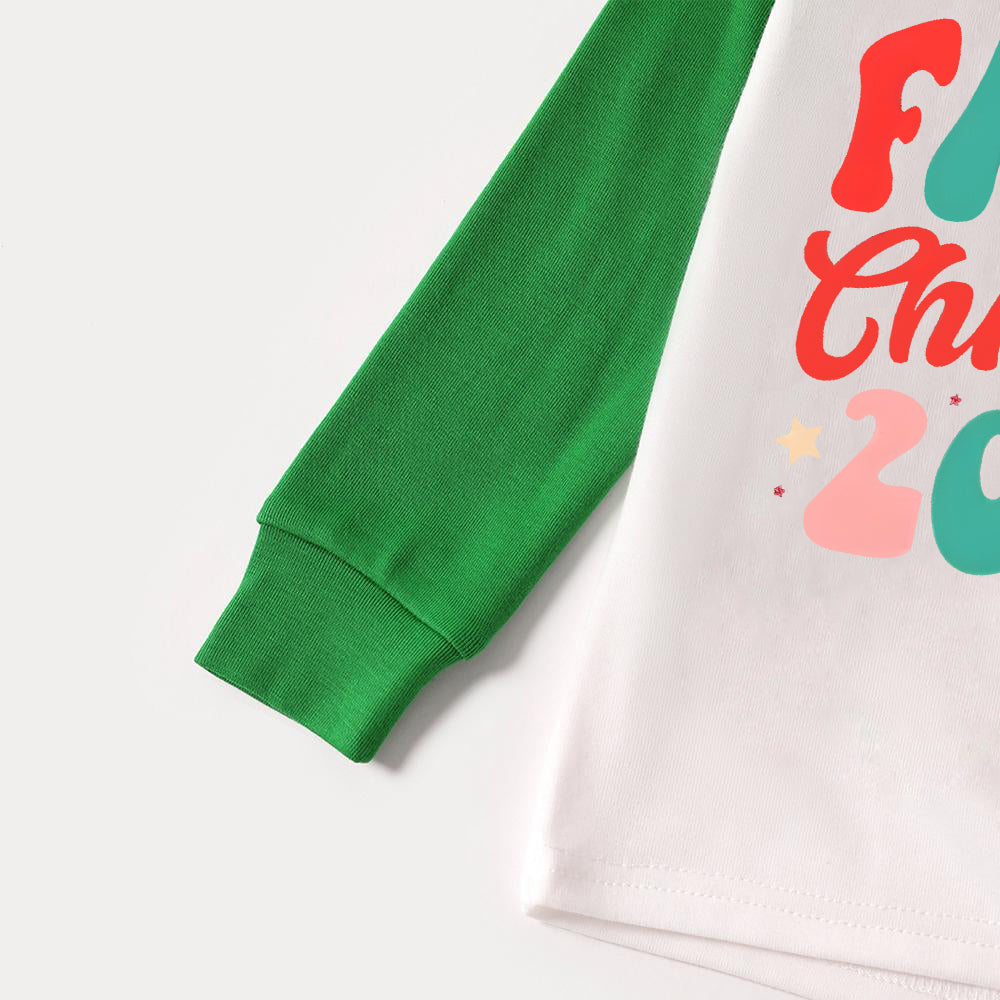 WW | Christmas 'Family Christmas 2024' Letter Print Patterned Casual Long-Sleeve Sweatshirts Green Contrast Tops and Black & Green Plaid Pants Family Matching Raglan Long-Sleeve Pajama Sets with Dog Bandana