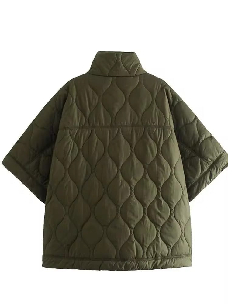 WW | Quilted Poncho With Zipper in Olive Green
