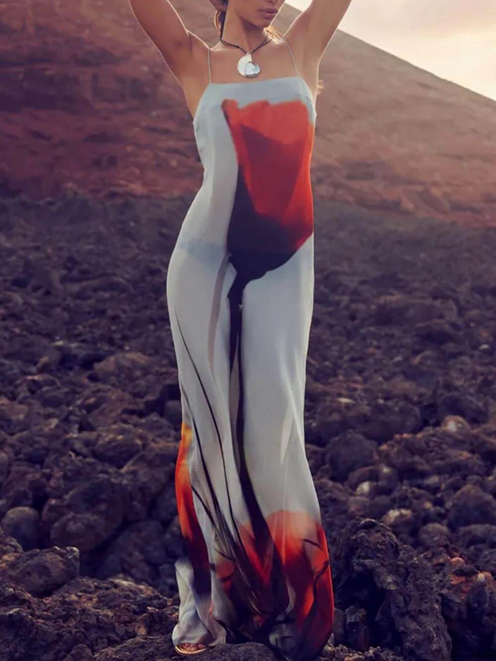 H-line maxi dress with abstract tulip print for vacation