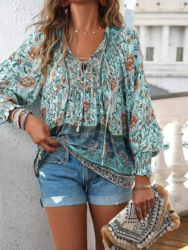 WW | Casual Printed V-Neck Long Sleeve Shirt for a Fashionable Look